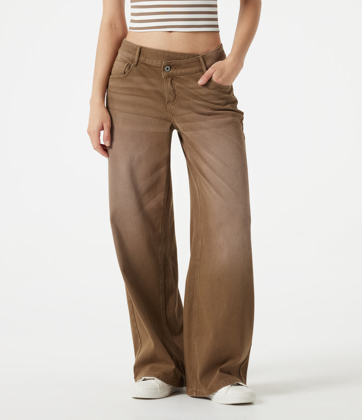 Asymmetric Low Rise Wide Leg Colorful Washed Casual Jeans with Pockets — Caramel Café — view 1
