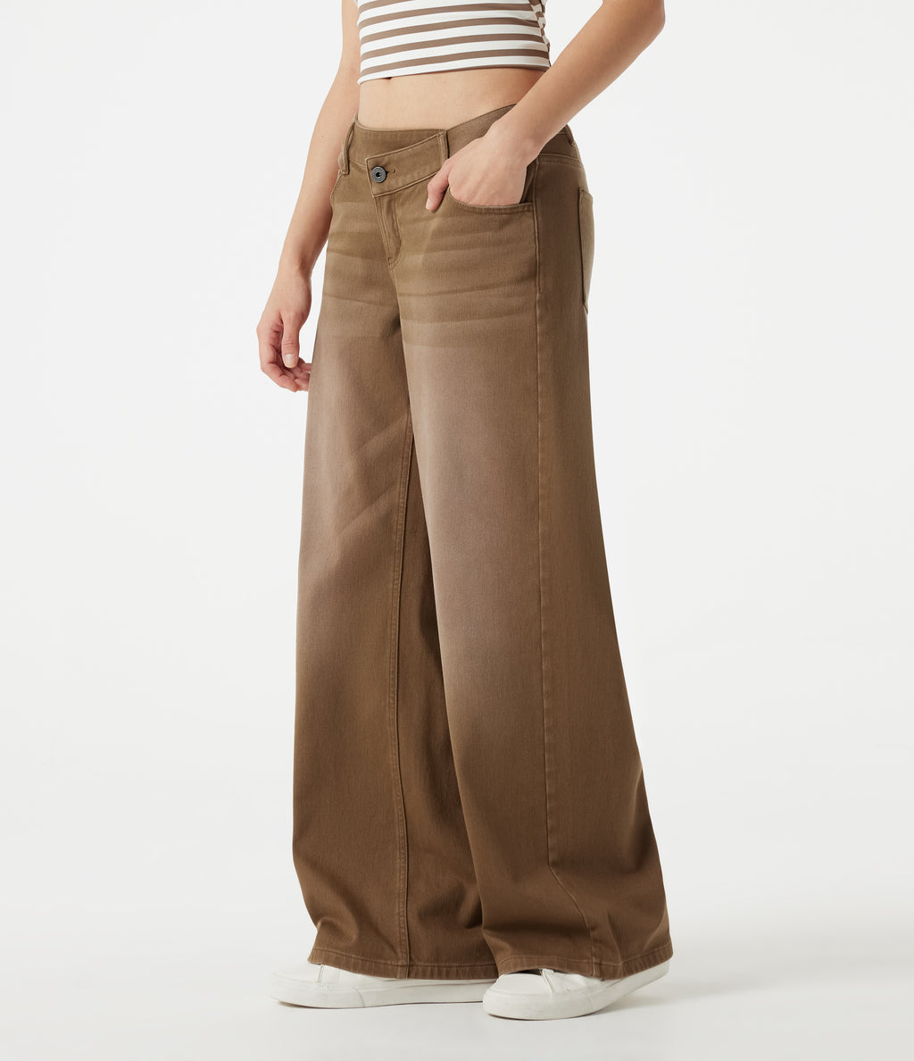 Asymmetric Low Rise Wide Leg Colorful Washed Casual Jeans with Pockets — Caramel Café — view 3
