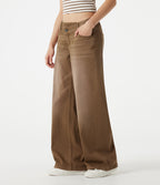Asymmetric Low Rise Wide Leg Colorful Washed Casual Jeans with Pockets — Caramel Café — view 3