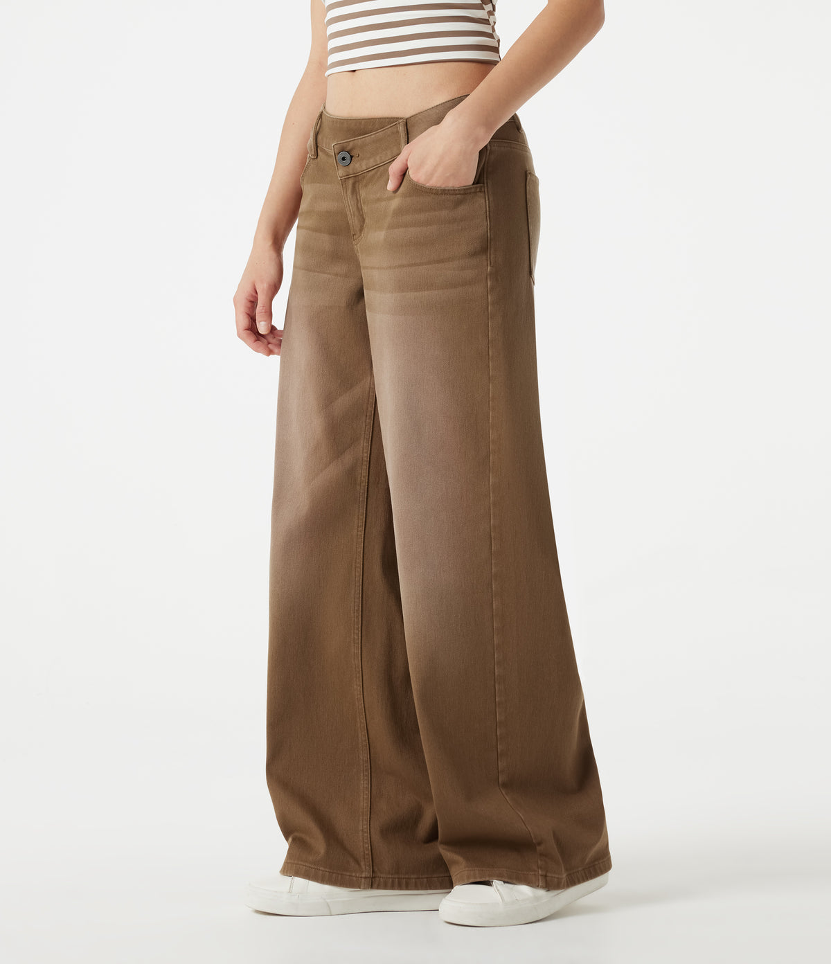 Asymmetric Low Rise Wide Leg Colorful Washed Casual Jeans with Pockets — Caramel Café — view 3