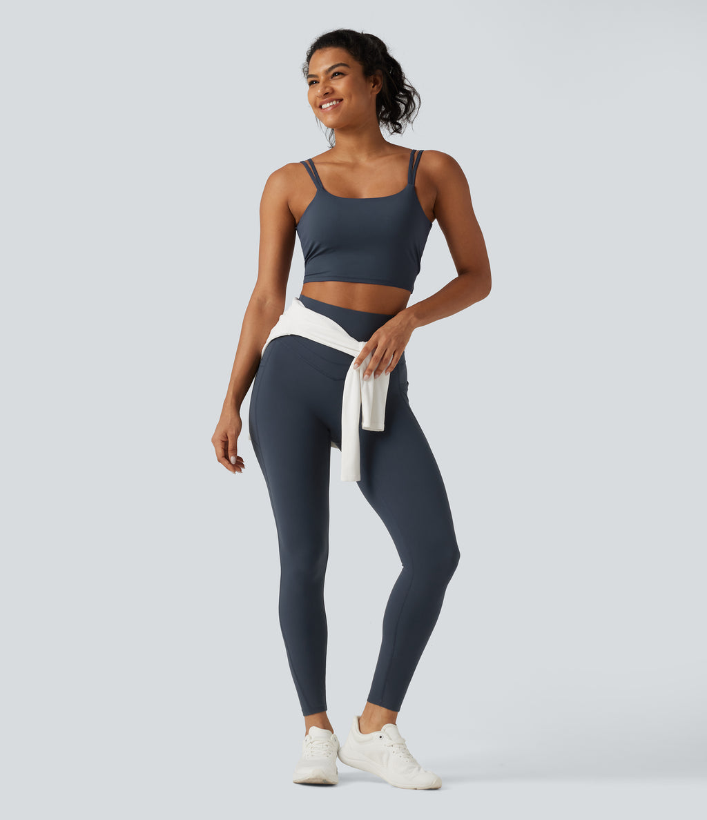 High Waisted Tummy Control Shaping Yoga Leggings with Pockets — Carbon — view 8