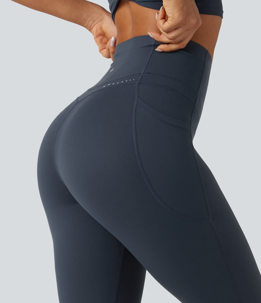 High Waisted Tummy Control Shaping Yoga Leggings with Pockets — Carbon — view 3