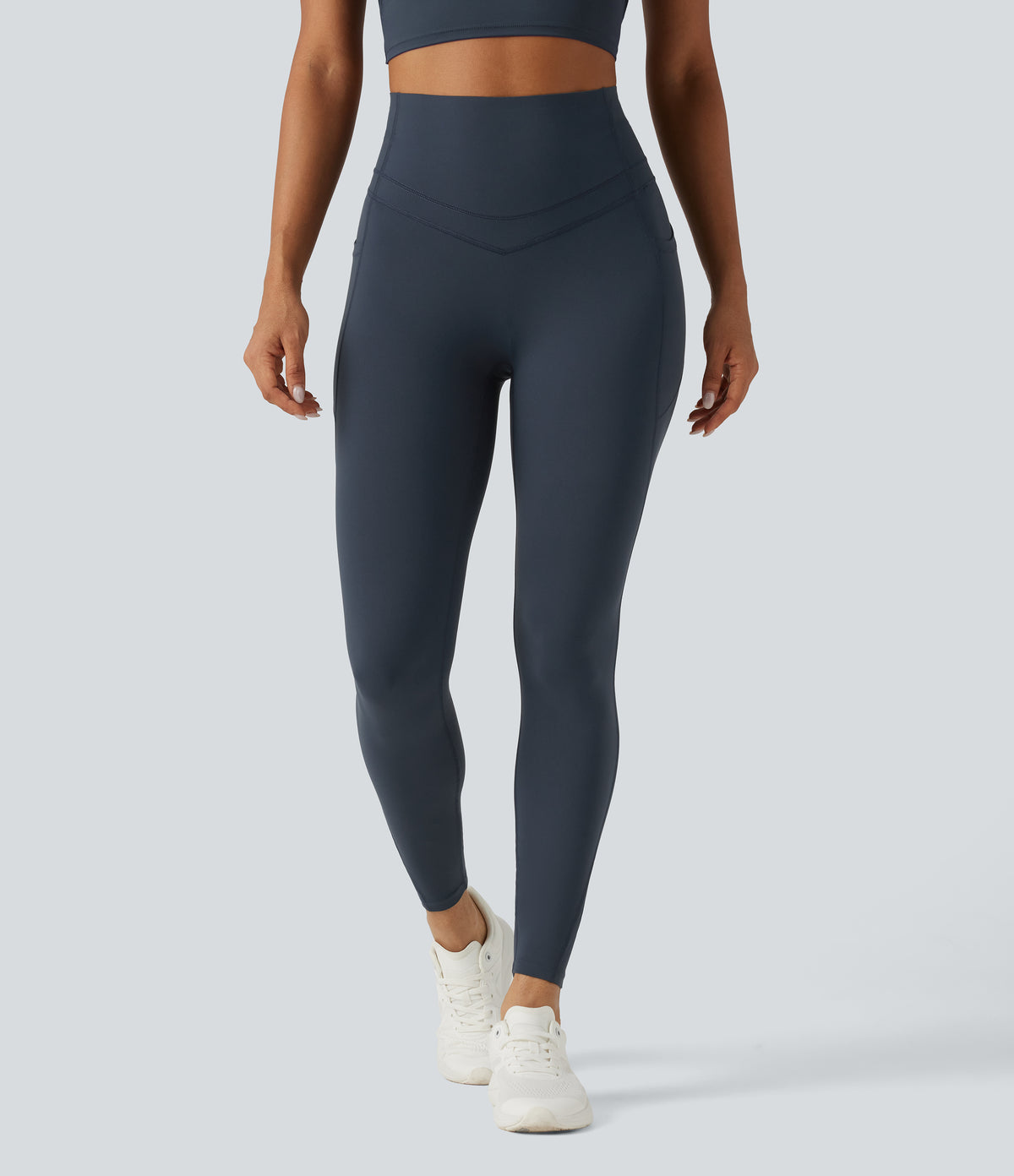 High Waisted Tummy Control Shaping Yoga Leggings with Pockets — Carbon — view 2