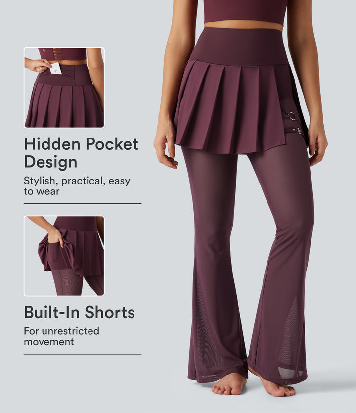 High Waisted Pleated 2-in-1 Contrast Mesh Quick Dry Flare Dance Skirted Leggings with Pockets — Amaranth — view 1
