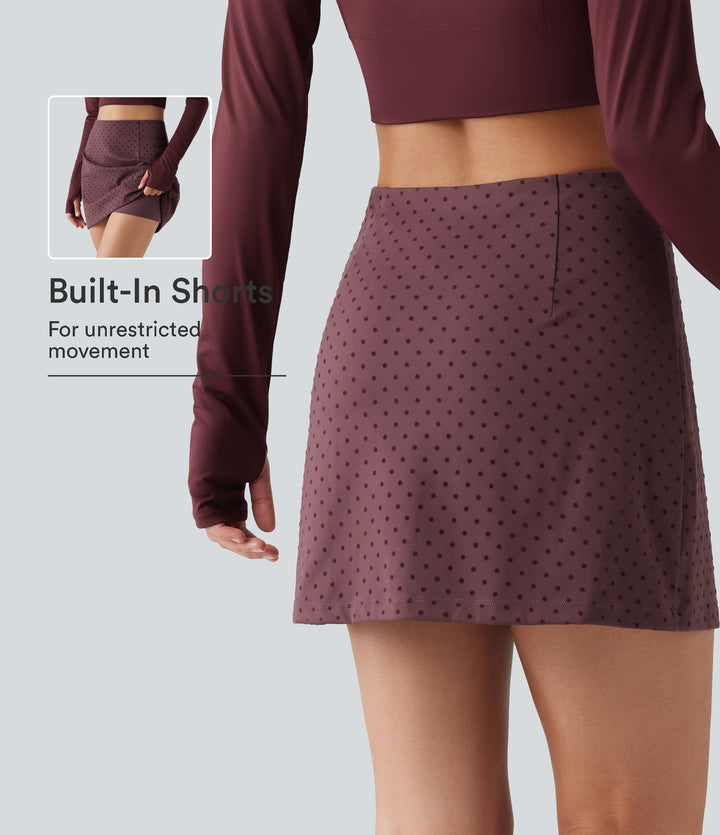 High Waisted 2-in-1 Polka Dot Velvet Mini Casual Skirt — Syrah Red Dot — view 1