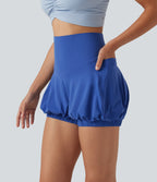 High Waisted Tummy Control Dance Bubble Shorts 4'' with Pockets — Beaucoup Blue — view 2