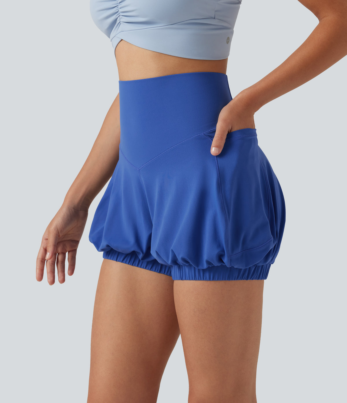 High Waisted Tummy Control Dance Bubble Shorts 4'' with Pockets — Beaucoup Blue — view 2