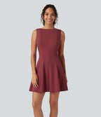 Boat Neck Sleeveless Flare Mini Work Dress with Pockets — Burnt Russet — view 2