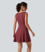 Boat Neck Sleeveless Flare Mini Work Dress with Pockets — Burnt Russet — view 1
