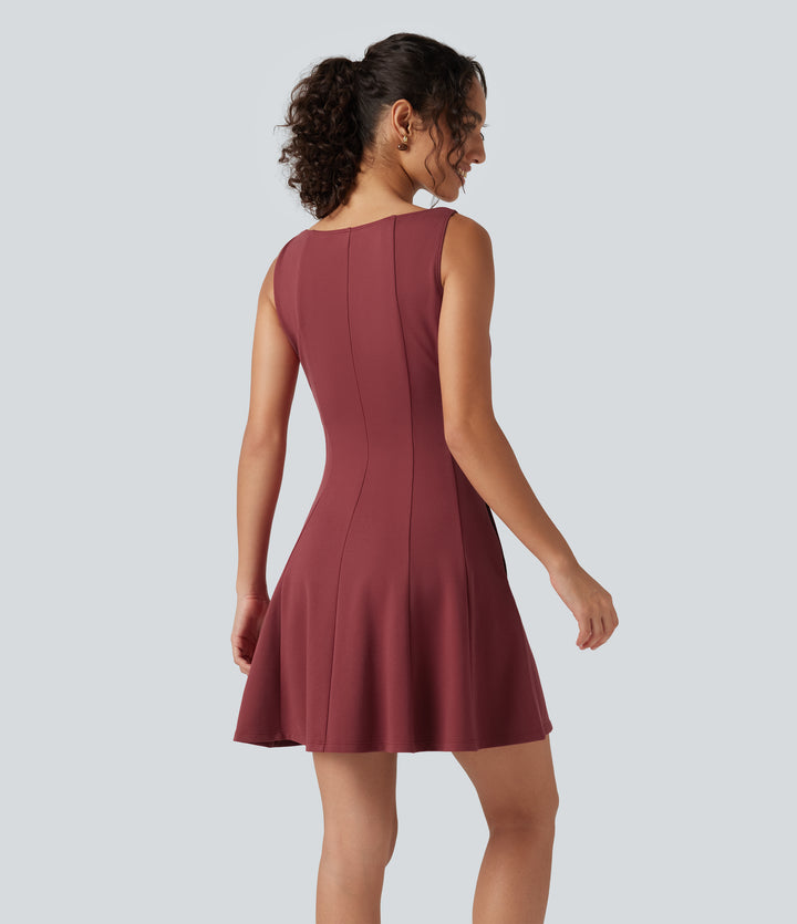 Boat Neck Sleeveless Flare Mini Work Dress with Pockets — Burnt Russet — view 1