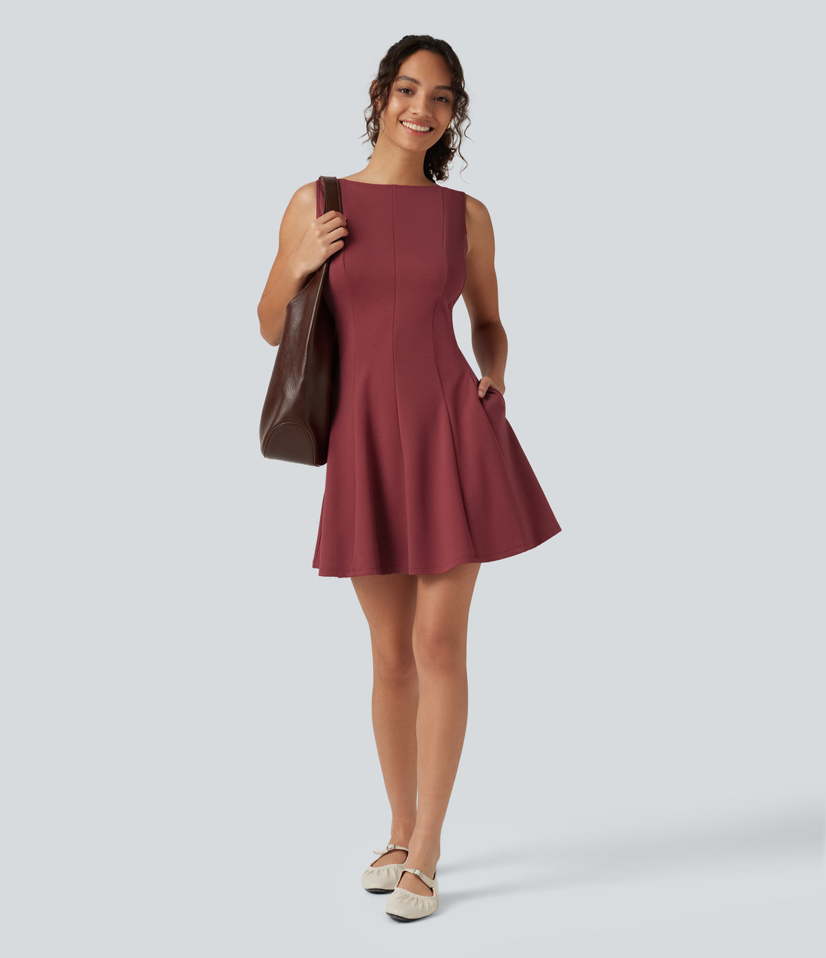 Boat Neck Sleeveless Flare Mini Work Dress with Pockets — Burnt Russet — view 7