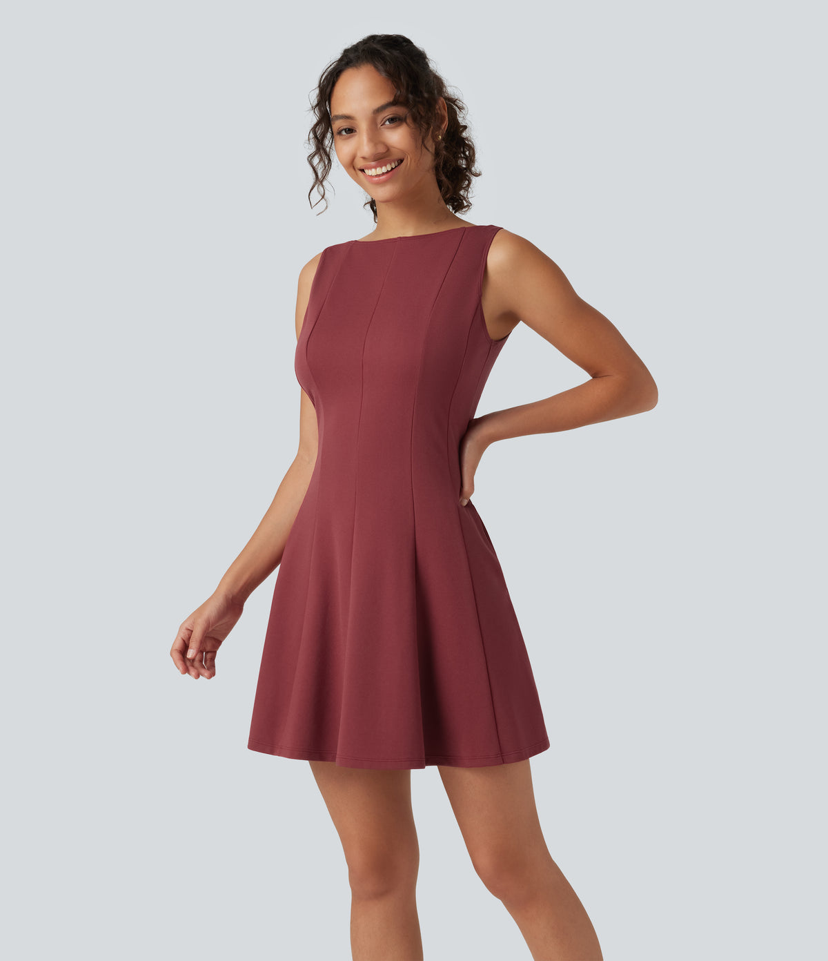 Boat Neck Sleeveless Flare Mini Work Dress with Pockets — Burnt Russet — view 3