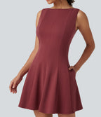 Boat Neck Sleeveless Flare Mini Work Dress with Pockets — Burnt Russet — view 4