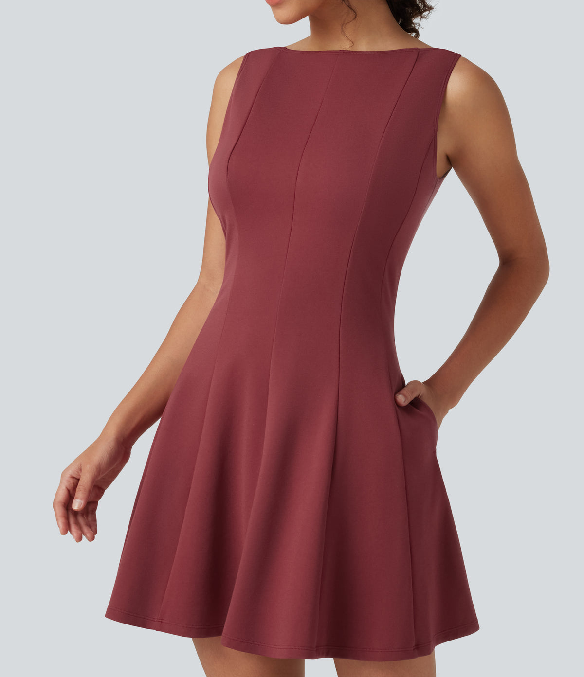 Boat Neck Sleeveless Flare Mini Work Dress with Pockets — Burnt Russet — view 4
