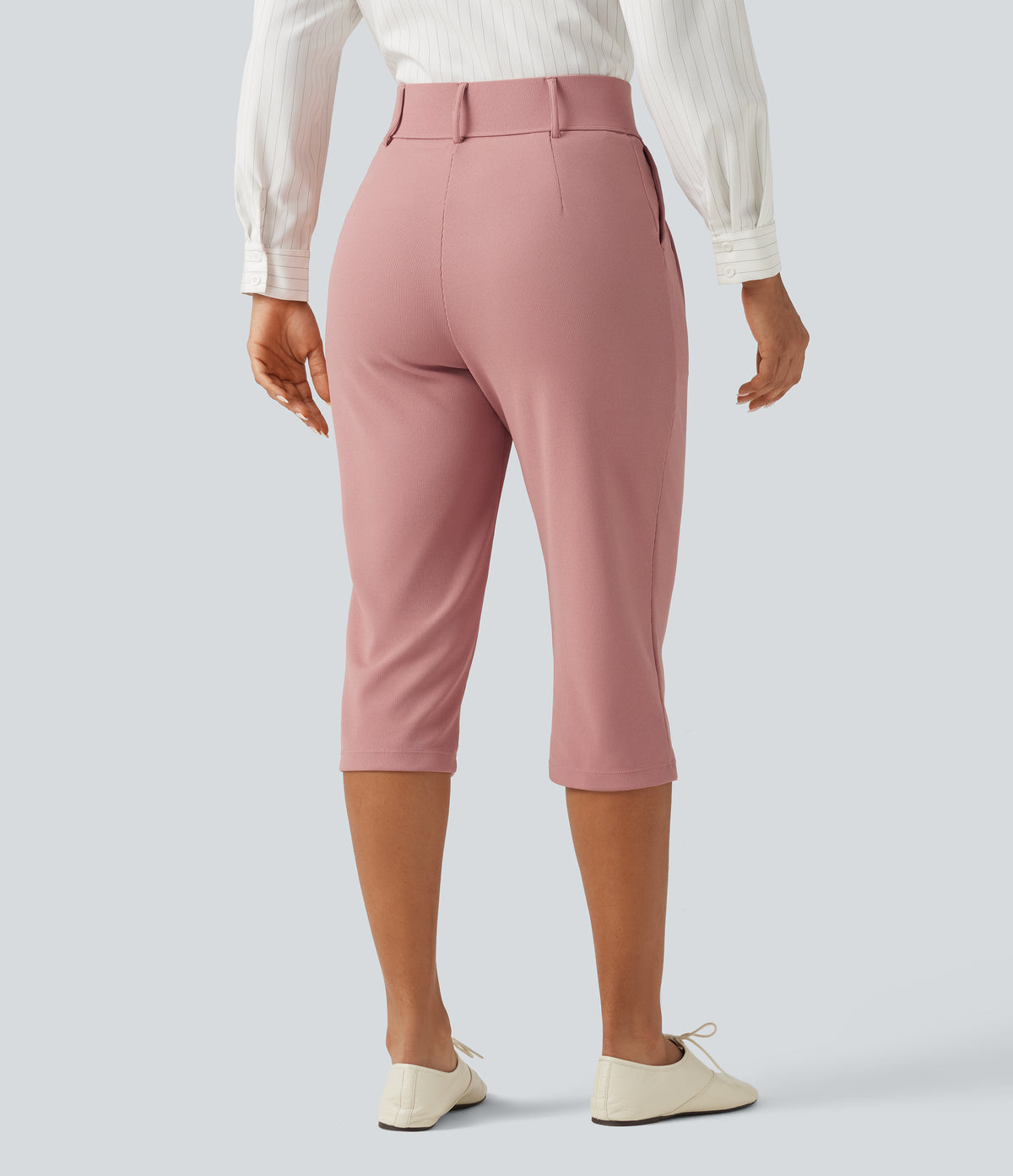 High Waisted Tapered Waffle Capri Work Trousers with Pockets — Rose Tan — view 2