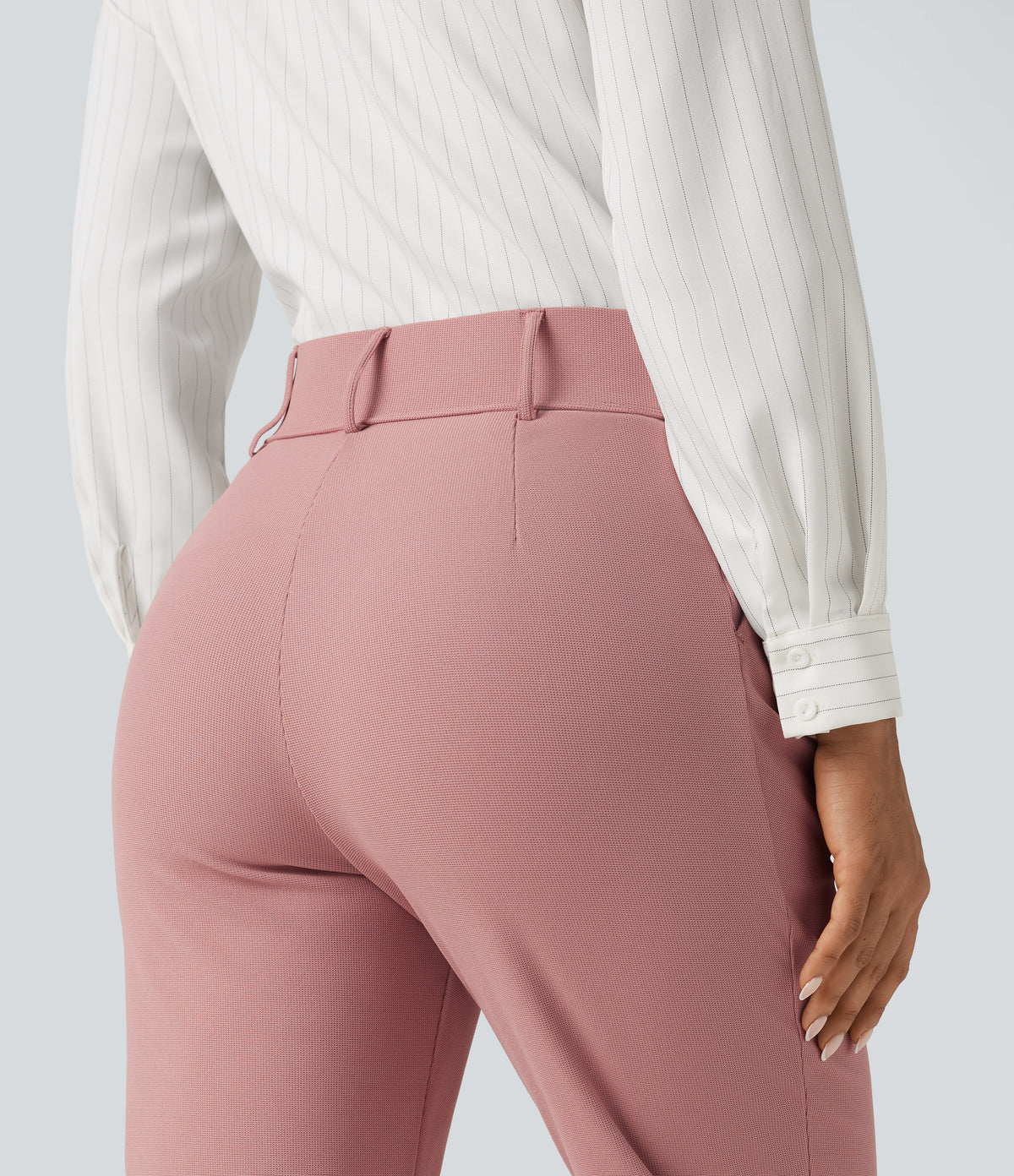 High Waisted Tapered Waffle Capri Work Trousers with Pockets — Rose Tan — view 4