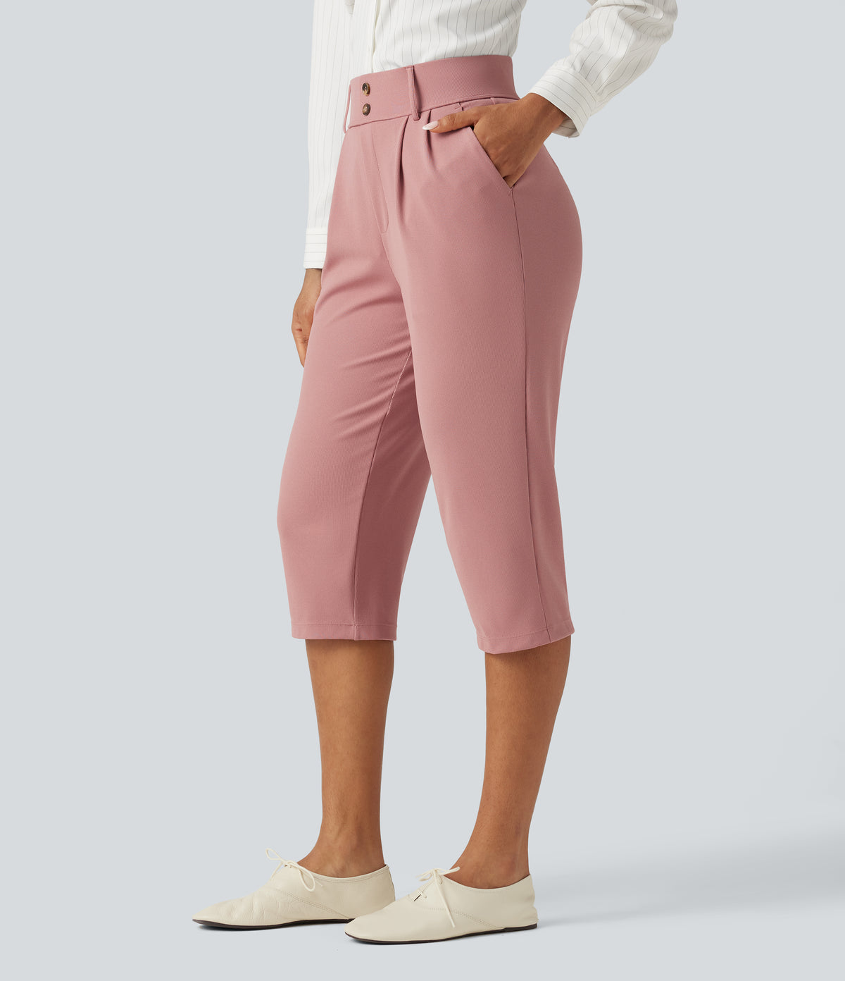 High Waisted Tapered Waffle Capri Work Trousers with Pockets — Rose Tan — view 1