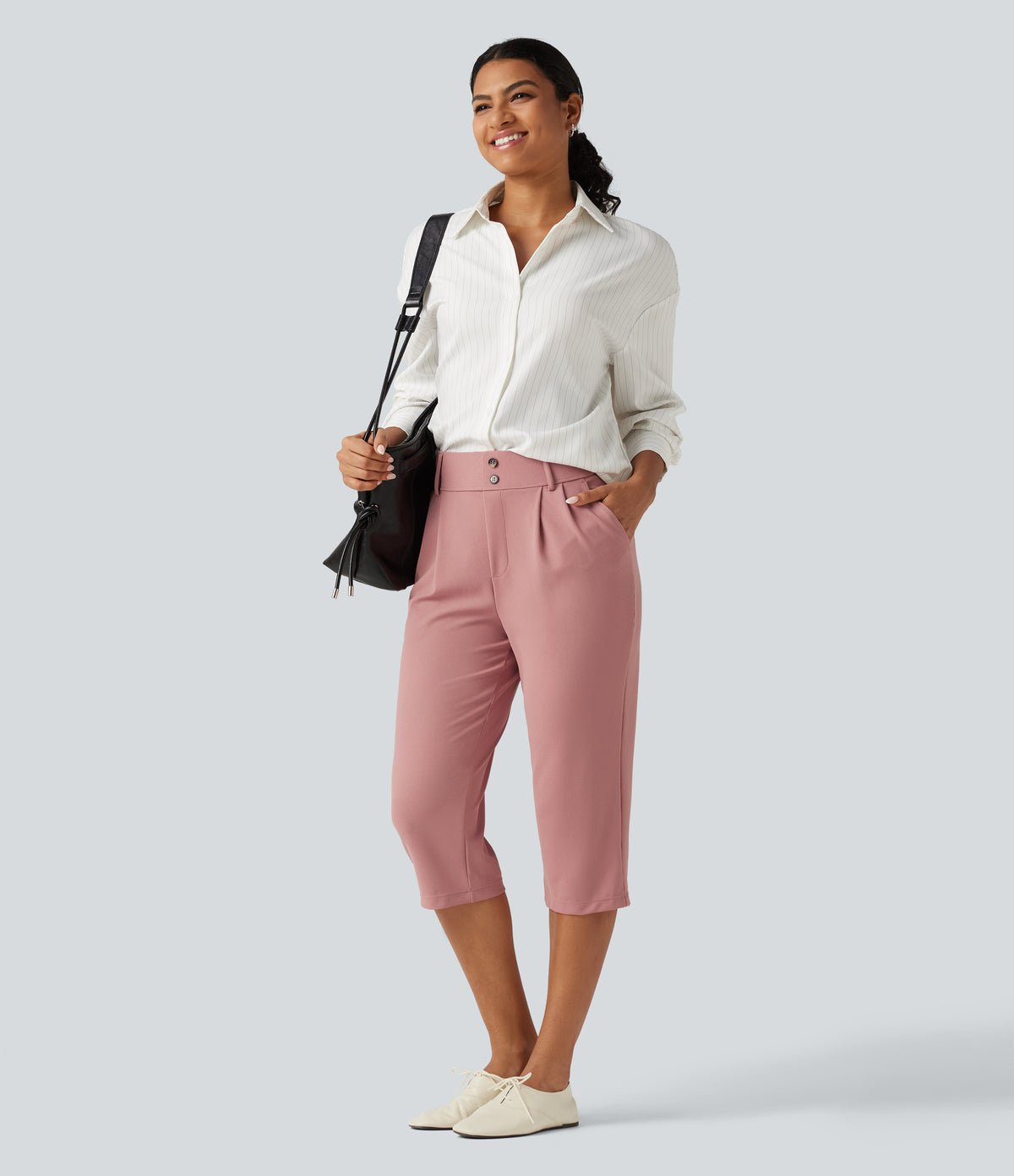 High Waisted Tapered Waffle Capri Work Trousers with Pockets — Rose Tan — view 7