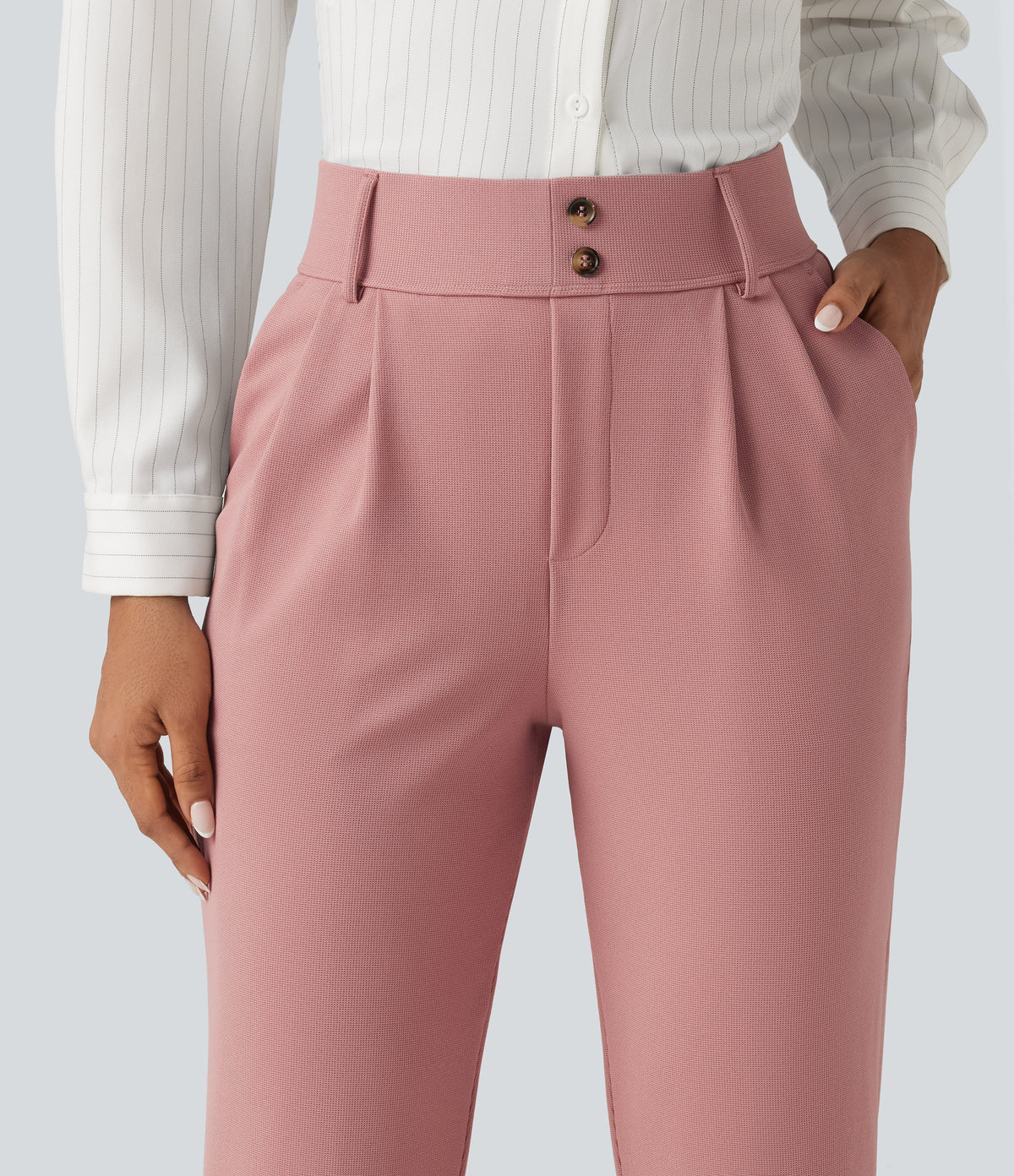 High Waisted Tapered Waffle Capri Work Trousers with Pockets — Rose Tan — view 5