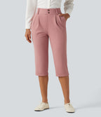 High Waisted Tapered Waffle Capri Work Trousers with Pockets — Rose Tan — view 3