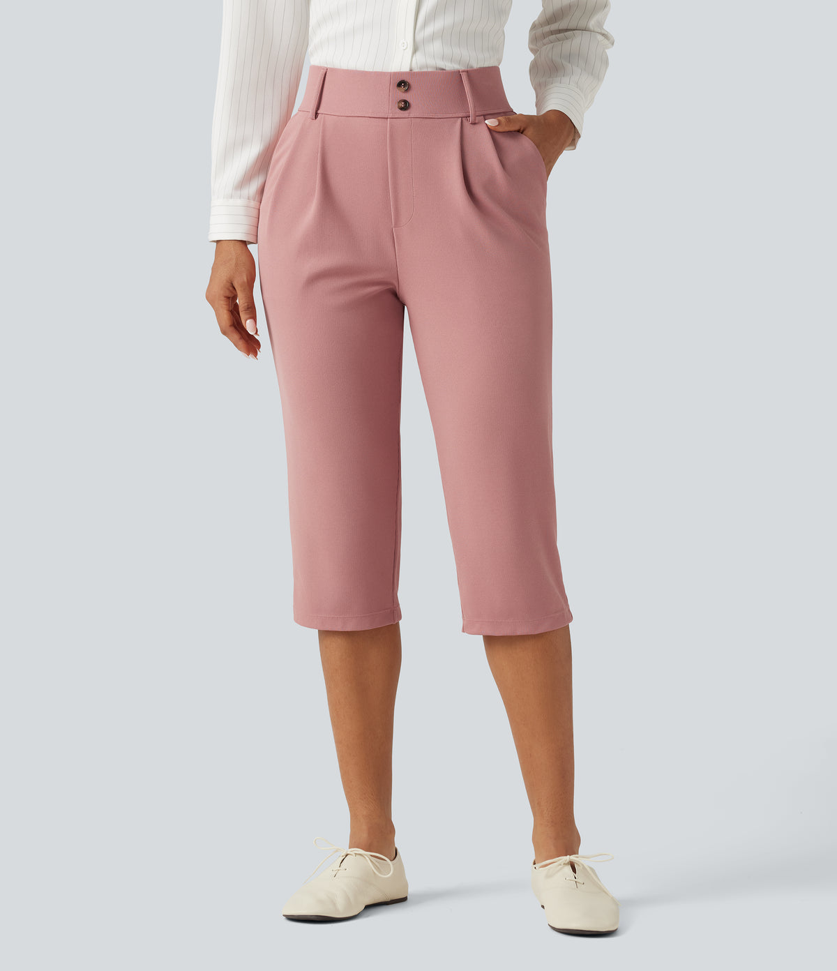 High Waisted Tapered Waffle Capri Work Trousers with Pockets — Rose Tan — view 3