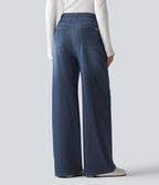 High Waisted Drawstring Wide Leg Silver Shine Casual Sweatpants Jeans with Pockets — Estate Blue Denim — view 2