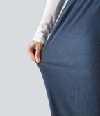 High Waisted Drawstring Wide Leg Silver Shine Casual Sweatpants Jeans with Pockets — Estate Blue Denim — view 7