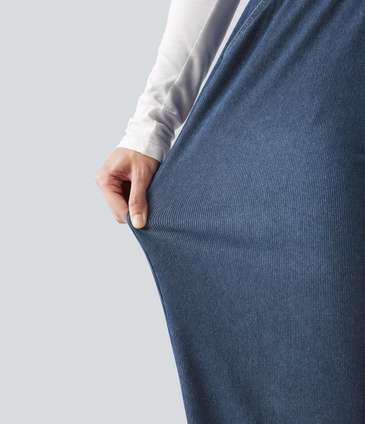 High Waisted Drawstring Wide Leg Silver Shine Casual Sweatpants Jeans with Pockets — Estate Blue Denim — view 7