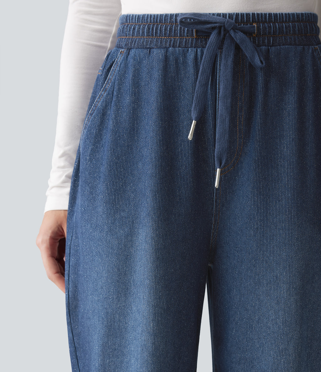 High Waisted Drawstring Wide Leg Silver Shine Casual Sweatpants Jeans with Pockets — Estate Blue Denim — view 4