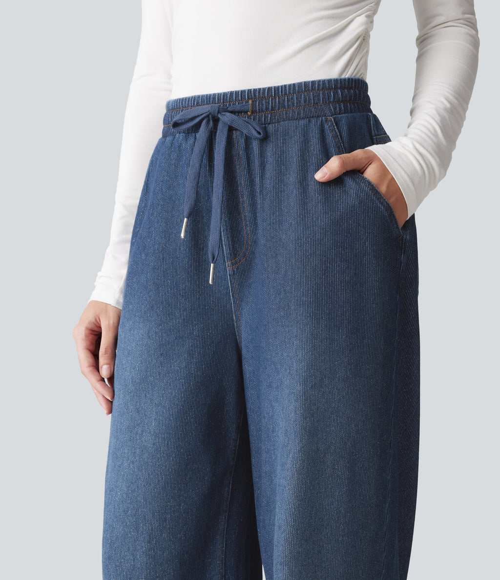 High Waisted Drawstring Wide Leg Silver Shine Casual Sweatpants Jeans with Pockets — Estate Blue Denim — view 6