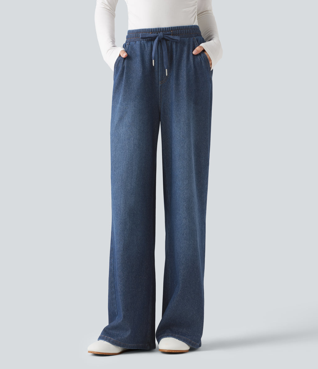 High Waisted Drawstring Wide Leg Silver Shine Casual Sweatpants Jeans with Pockets — Estate Blue Denim — view 1