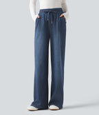 High Waisted Drawstring Wide Leg Silver Shine Casual Sweatpants Jeans with Pockets — Estate Blue Denim — view 1
