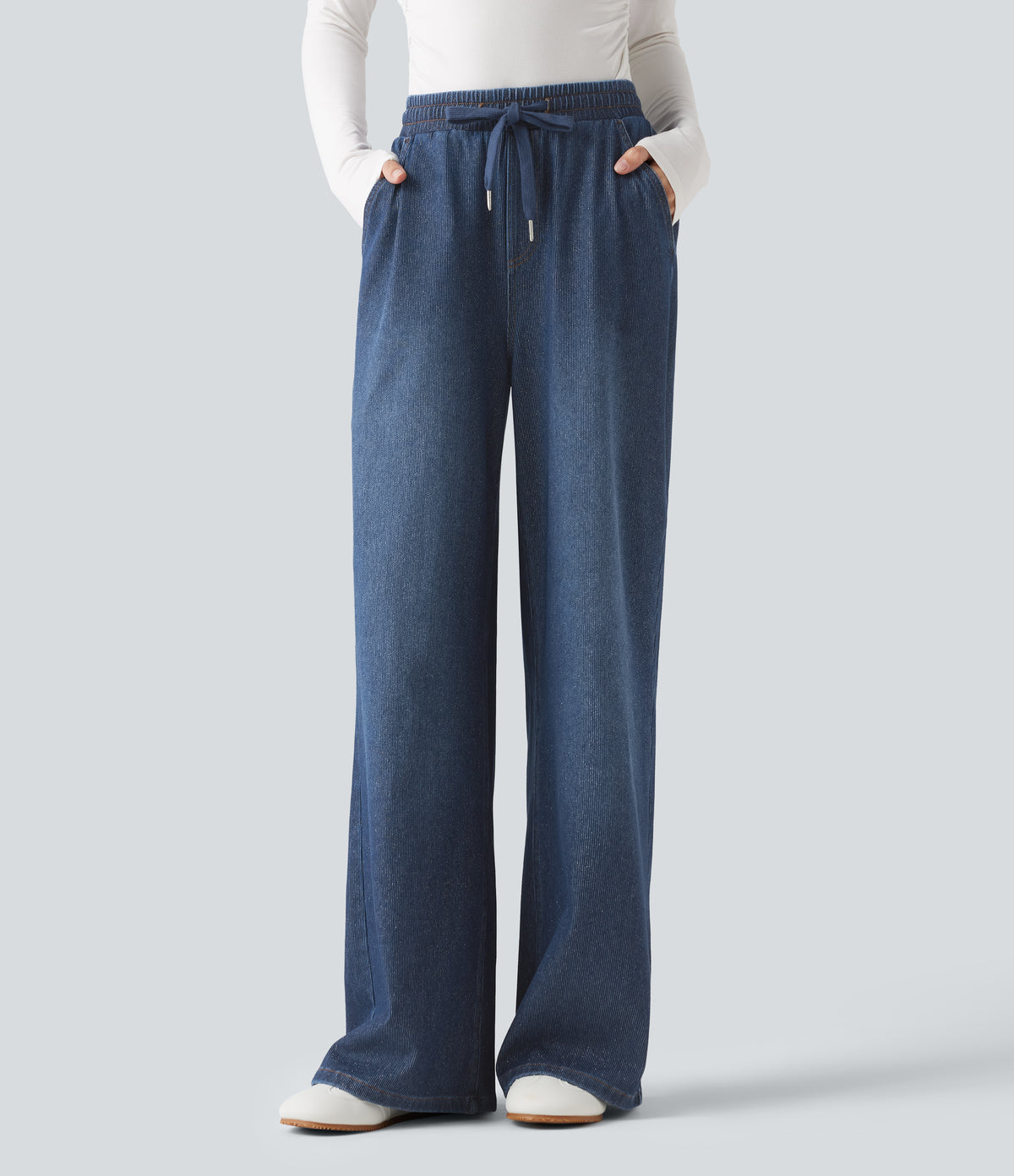 High Waisted Drawstring Wide Leg Silver Shine Casual Sweatpants Jeans with Pockets — Estate Blue Denim — view 1