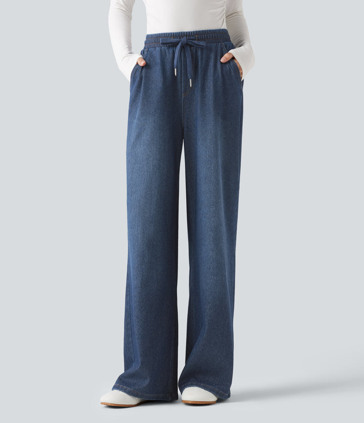 High Waisted Drawstring Wide Leg Silver Shine Casual Sweatpants Jeans with Pockets — Estate Blue Denim — view 1