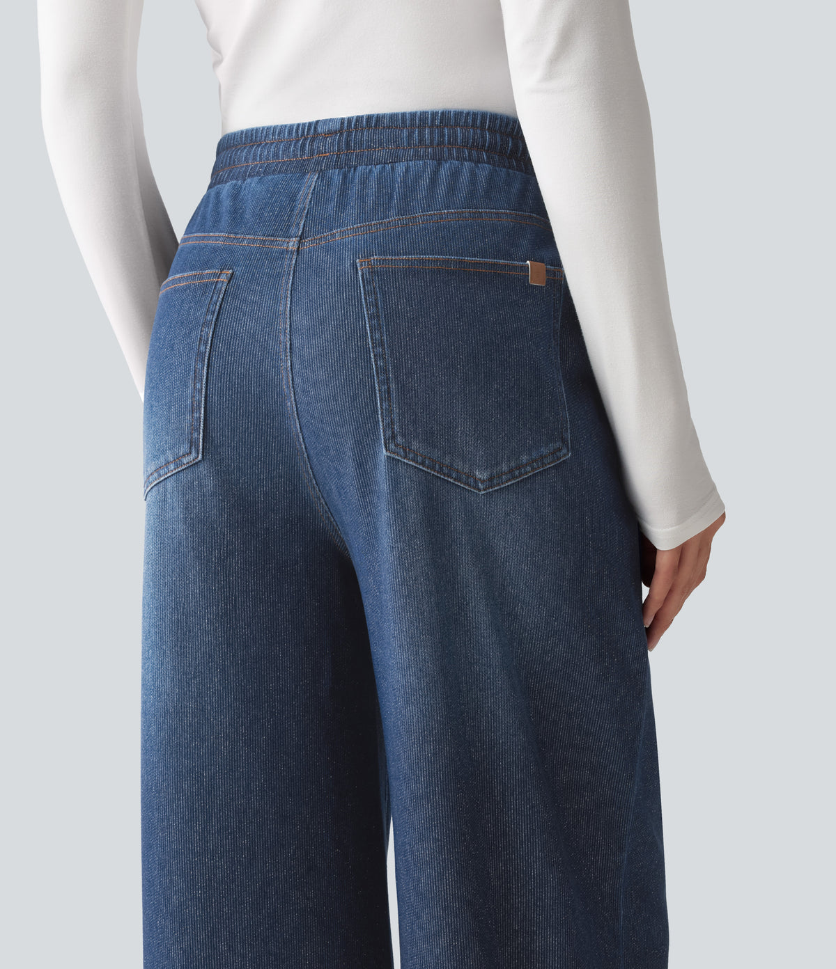 High Waisted Drawstring Wide Leg Silver Shine Casual Sweatpants Jeans with Pockets — Estate Blue Denim — view 5