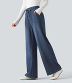 High Waisted Drawstring Wide Leg Silver Shine Casual Sweatpants Jeans with Pockets — Estate Blue Denim — view 3