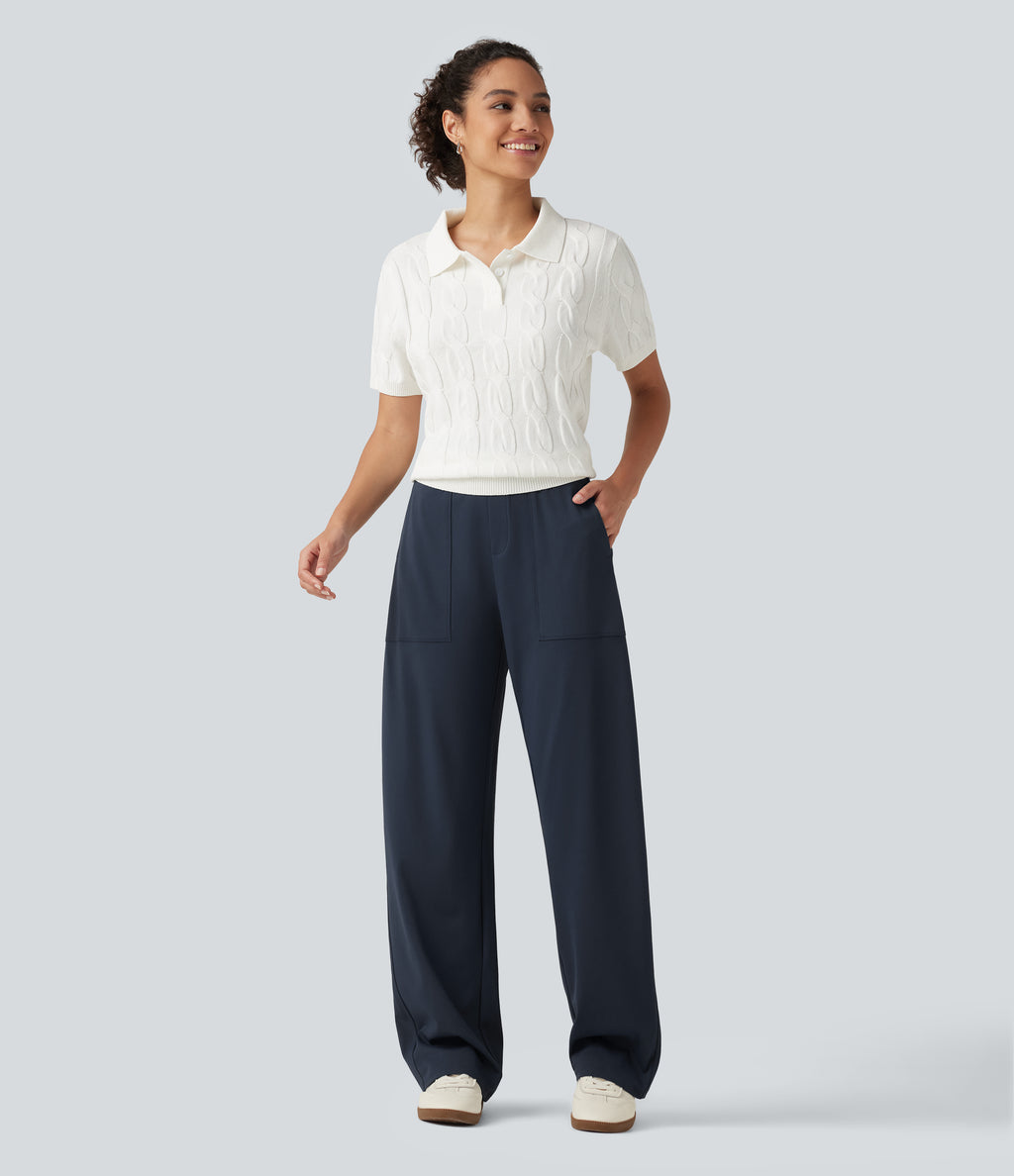 High Waisted Barrel Leg Casual Trousers with Pockets — Midnight Blue — view 7