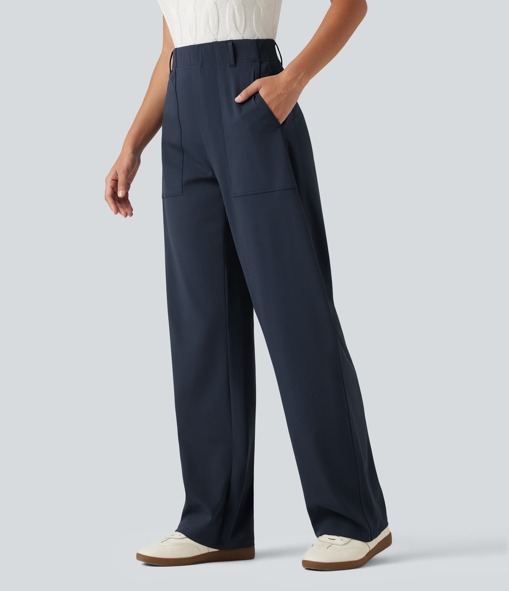 High Waisted Barrel Leg Casual Trousers with Pockets — Midnight Blue — view 3