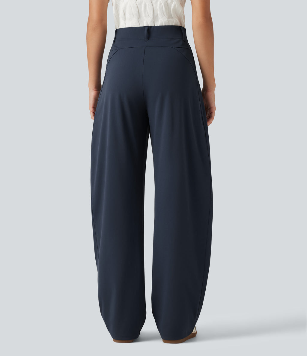 High Waisted Barrel Leg Casual Trousers with Pockets — Midnight Blue — view 2