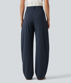 High Waisted Barrel Leg Casual Trousers with Pockets — Midnight Blue — view 2