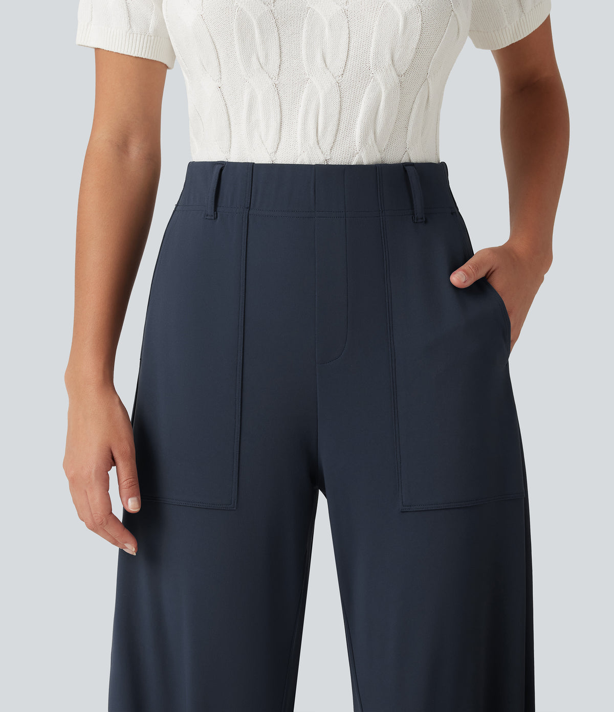 High Waisted Barrel Leg Casual Trousers with Pockets — Midnight Blue — view 4