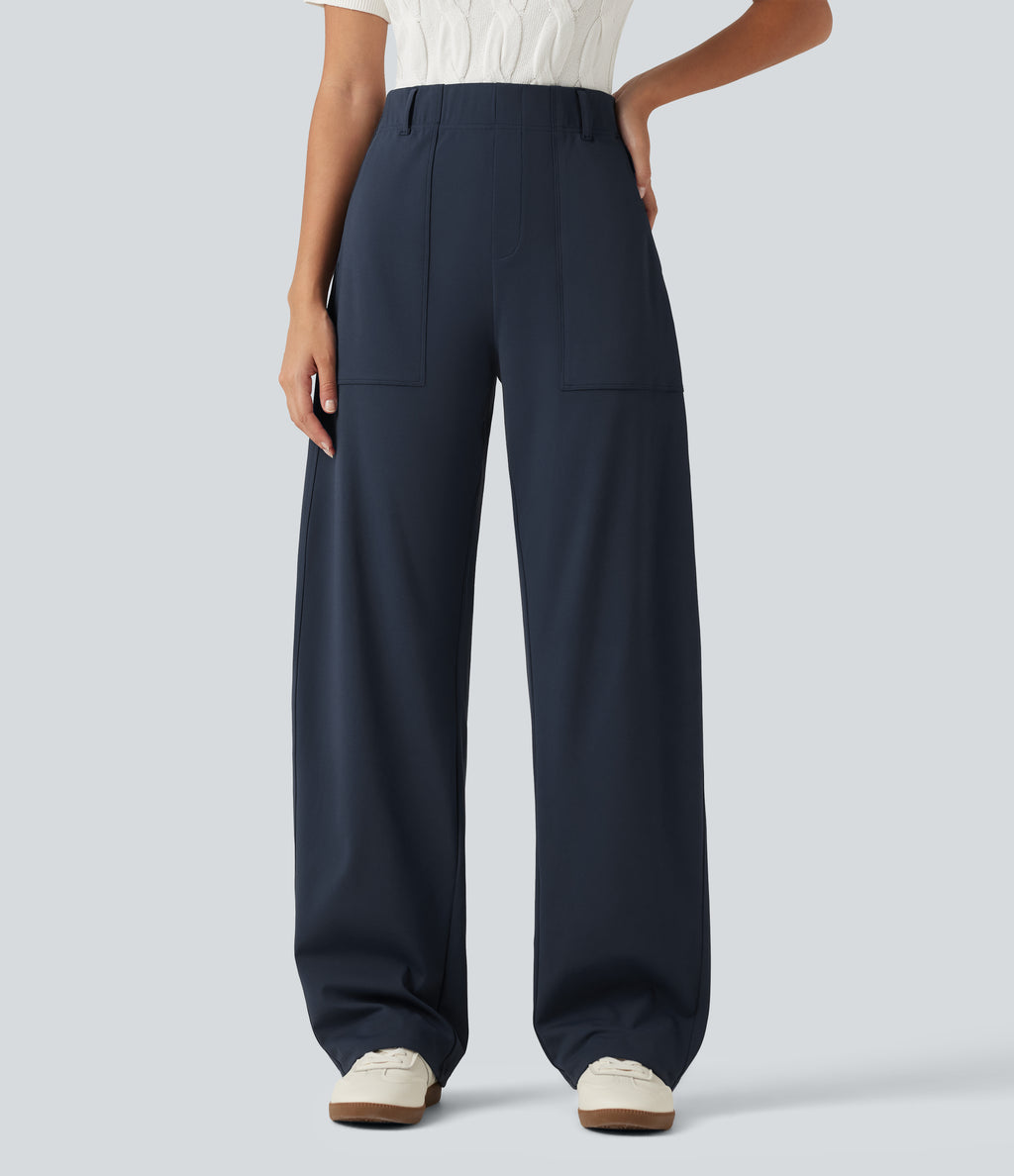 High Waisted Barrel Leg Casual Trousers with Pockets — Midnight Blue — view 1