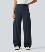 High Waisted Barrel Leg Casual Trousers with Pockets — Midnight Blue — view 1
