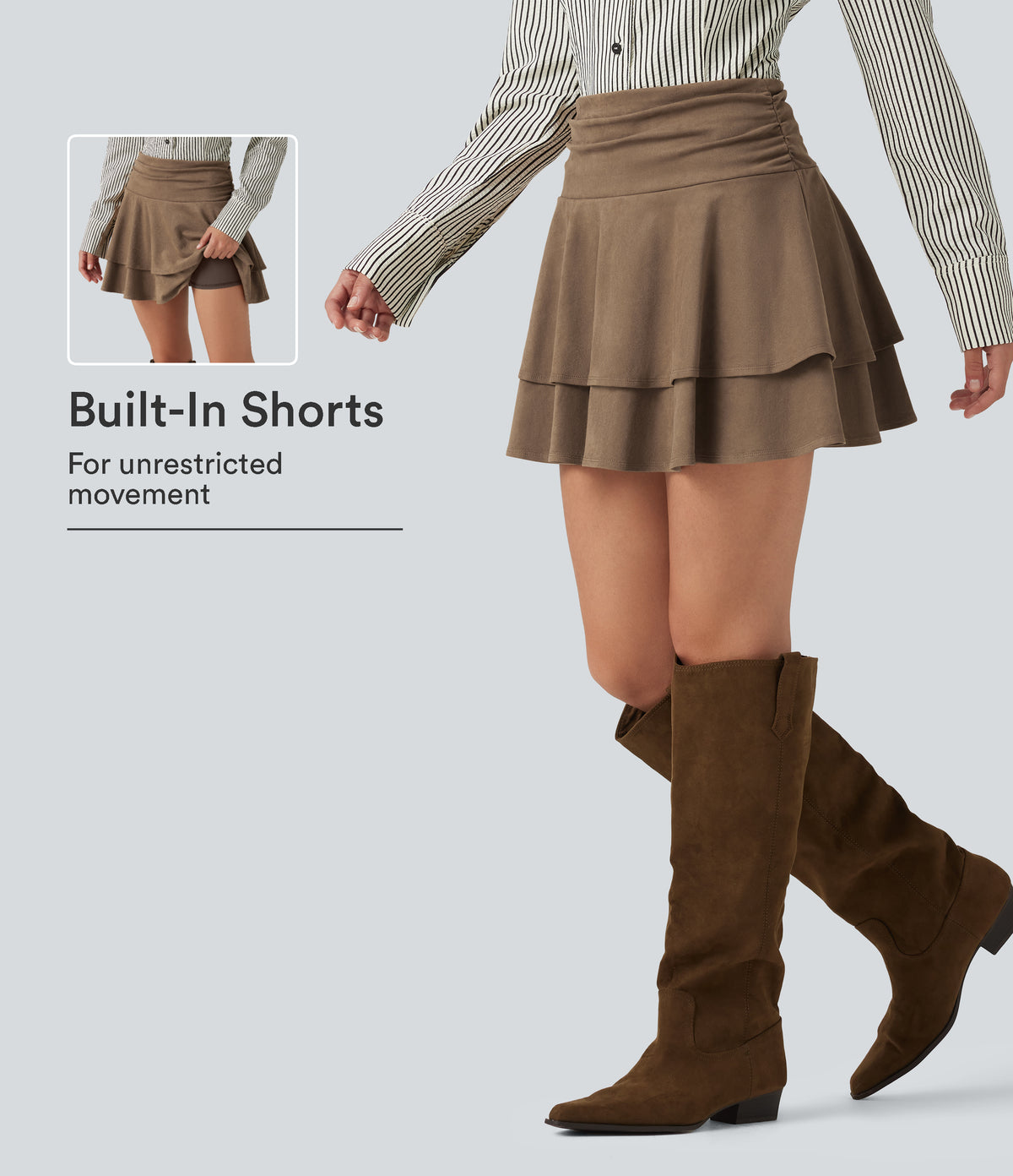 High Waisted Ruched Layered 2-in-1 Suede Mini Casual Skirt — Coca Mocha — view 1