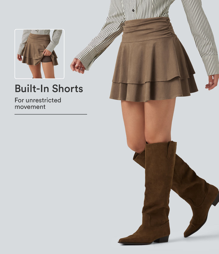 High Waisted Ruched Layered 2-in-1 Suede Mini Casual Skirt — Coca Mocha — view 1