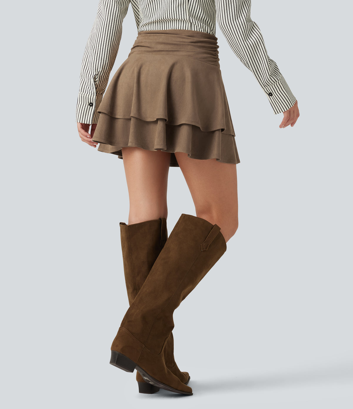 High Waisted Ruched Layered 2-in-1 Suede Mini Casual Skirt — Coca Mocha — view 2