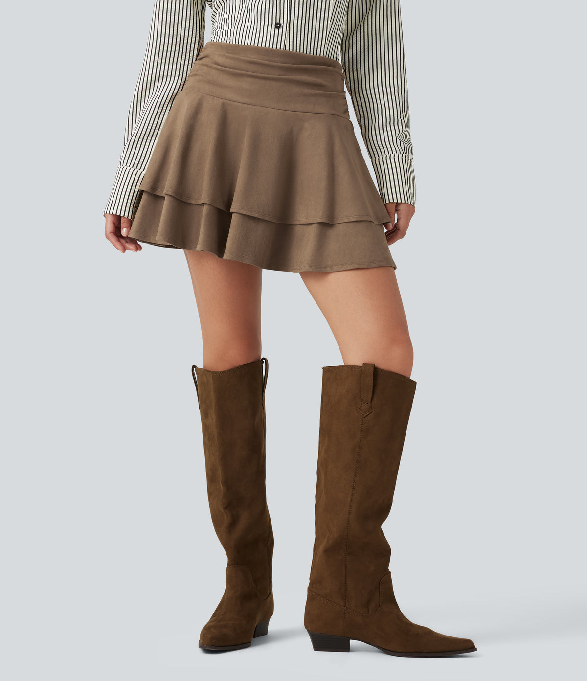 High Waisted Ruched Layered 2-in-1 Suede Mini Casual Skirt — Coca Mocha — view 3