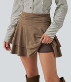 High Waisted Ruched Layered 2-in-1 Suede Mini Casual Skirt — Coca Mocha — view 4