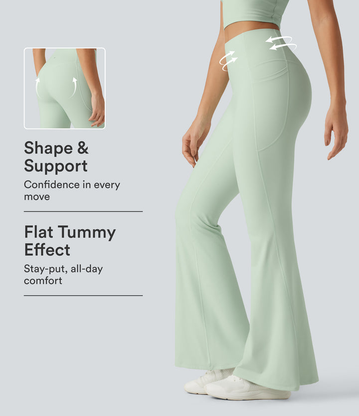 High Waisted Tummy Control Flare Yoga Leggings with Pockets — Dusty Aqua — view 1
