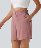 High Waisted Casual Linen-Feel Shorts 5“ with Pockets — Rosette — view 3